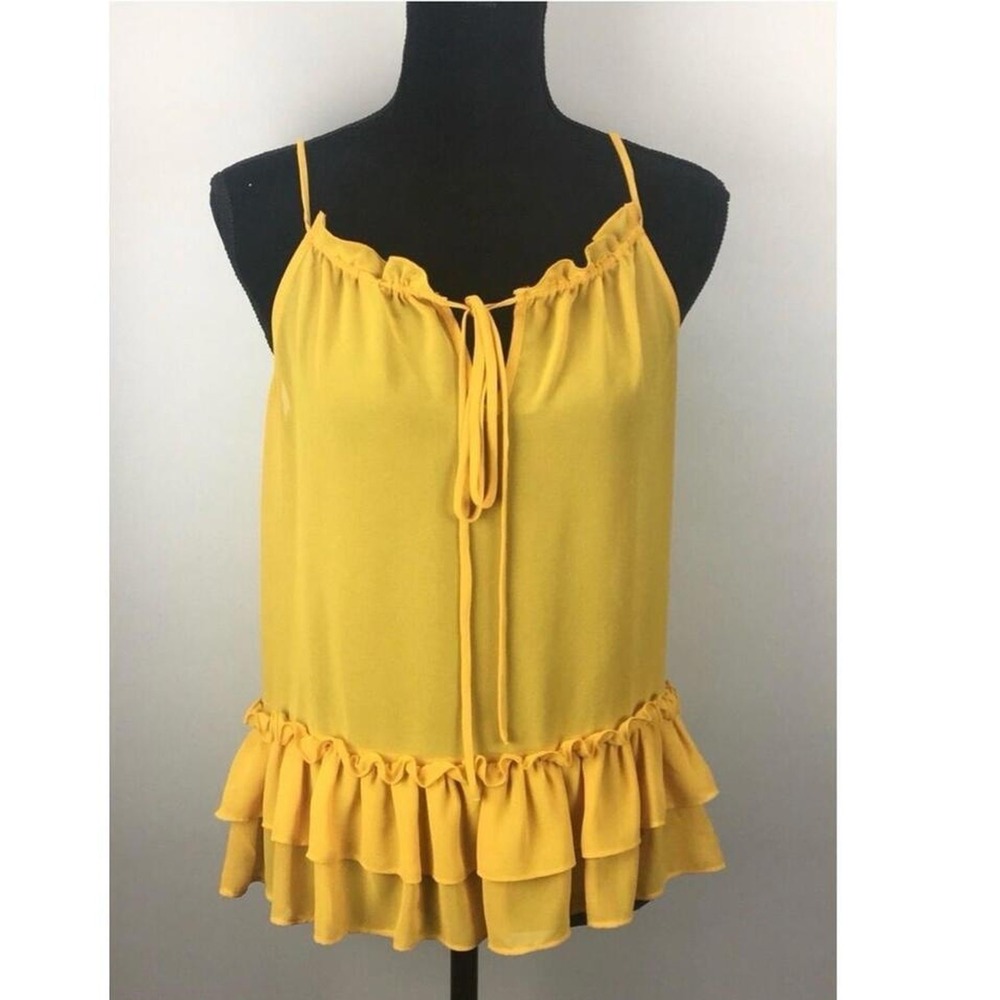 RO & DE Anthropologie Blouse Womens M Yellow Sheer Spaghetti Strap Tiered